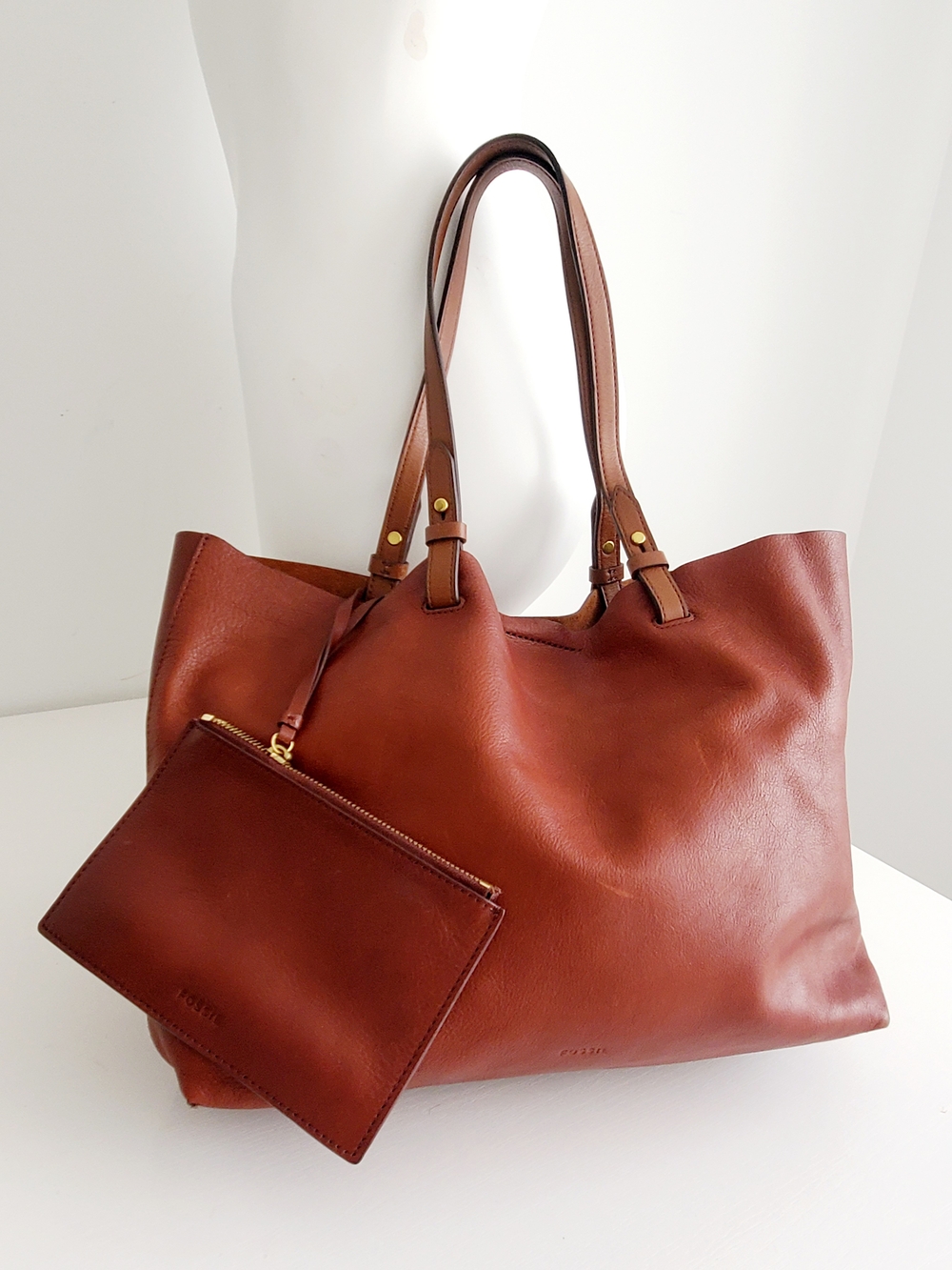 Fossil Chestnut Brown Leather Tote with Matching Pouch